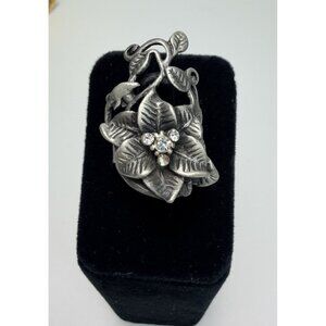 Vtg Art Nouveau Statement Ring Large Silver Leaves Rhinestone Runway Sz 6